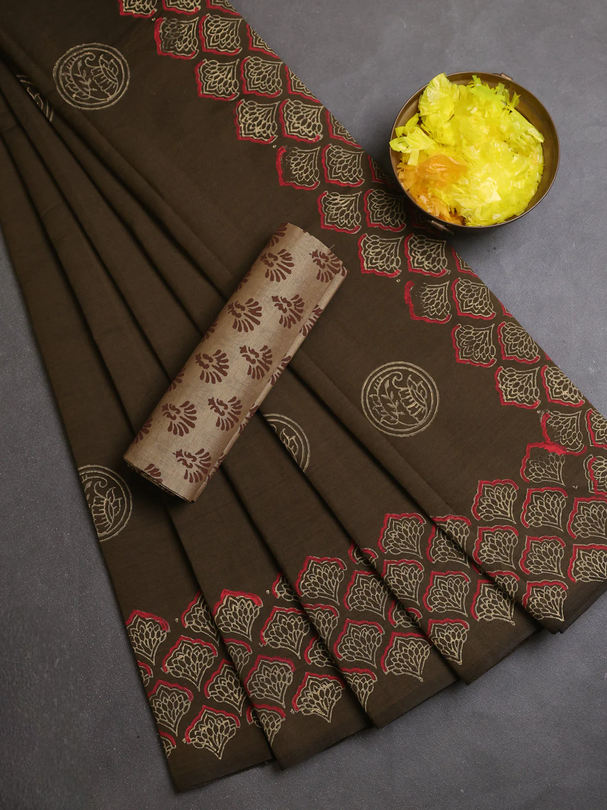 Semi Silk Cotton Saree - Military Green and Sandal